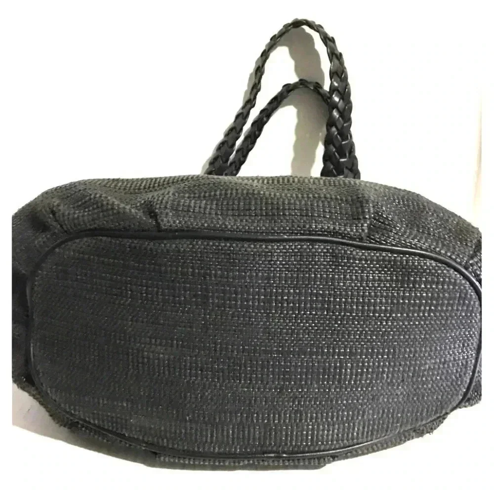 Michael kors black straw shoulder handbag with leather strap & trim